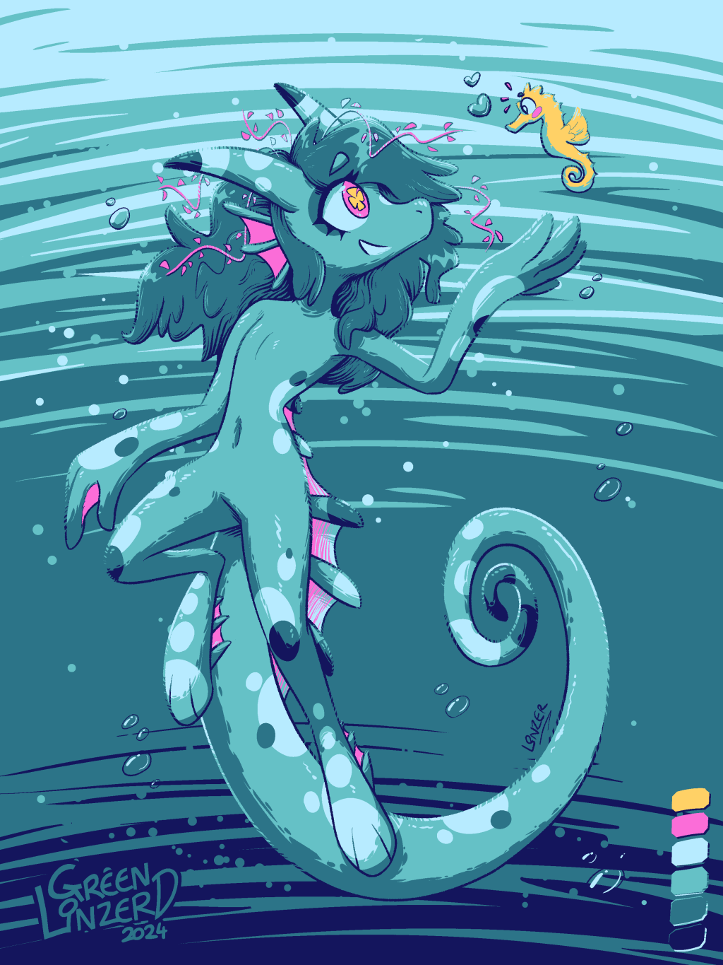 2024 2_horns 3:4 3_toes 4_fingers ambiguous_gender anthro aquatic_dragon blue_body blue_theme bubble curled_tail dragon duo ear_fins eye_contact eyelashes feet female feral fin fingers fish flat_chested greenlinzerd hair hi_res horn long_hair long_tail looking_at_another marine markings membrane_(anatomy) mythological_creature mythological_scalie mythology navel pink_eyes pupils reaching_towards_another restricted_palette scalie seahorse signature smile spots spotted_markings swimming syngnathid syngnathiform tail toes underwater unusual_pupils water webbed_hands yellow_body