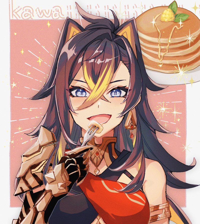 1girl :d armlet black_bra black_gloves blonde_hair blue_eyes bra brown_hair criss-cross_halter dehya_(genshin_impact) eating food fork gauntlets genshin_impact gloves hair_intakes halterneck haruna_(hrnrnh) holding holding_fork long_hair multicolored_hair open_mouth pancake pancake_stack red_bra slit_pupils smile solo two-tone_bra two-tone_hair underwear upper_body