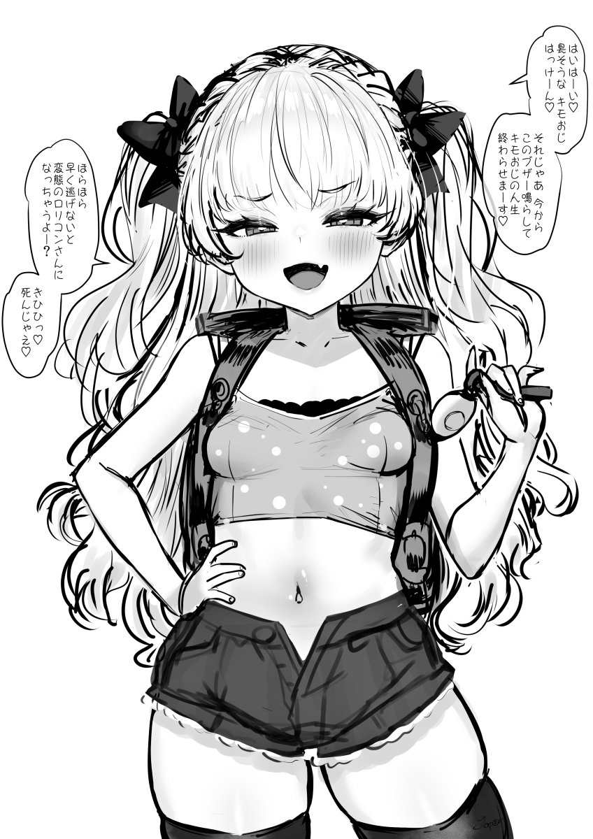1girl backpack bag blush breasts commentary crime_prevention_buzzer crime_prevention_buzzer_threat fang hair_ribbon hand_on_own_hip highres navel original randoseru ribbon shorts skindentation small_breasts thighhighs translated twintails unbuttoned yapo_(croquis_side)