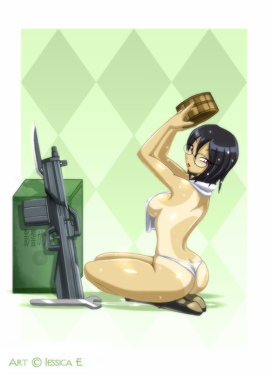 argyle argyle_background ass bathing black_hair boots copyright_request from_side glasses gun highres jessica_elwood_(artist) lipstick looking_at_viewer makeup one-piece_tan panties purple_eyes rifle shiny shiny_skin short_hair skindentation solo tan tanline topless towel towel_around_neck underwear weapon white_panties white_towel wrench