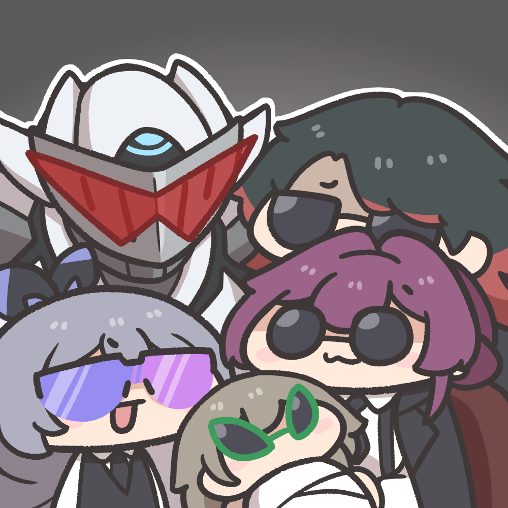 1boy 1other 3girls :3 aged_down armor baby black_jacket black_vest blade_(honkai:_star_rail) brown_hair chibi full_armor goggles green_hair grey_background grey_hair hair_ribbon honkai:_star_rail honkai_(series) jacket kafka_(honkai:_star_rail) long_hair multiple_girls open_mouth purple_hair ribbon round_eyewear sam_(honkai:_star_rail) shirt short_hair silver_wolf_(honkai:_star_rail) simple_background smile stelle_(honkai:_star_rail) sunglasses trailblazer_(honkai:_star_rail) underdatv vest white_shirt