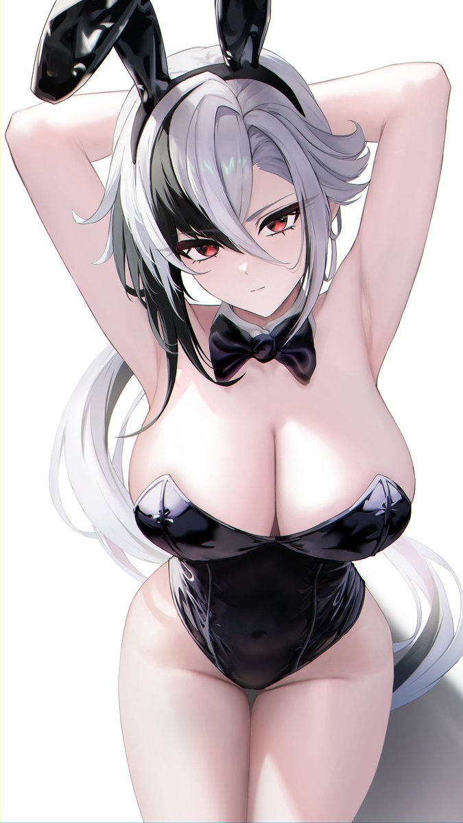 1girl animal_ears arlecchino_(genshin_impact) armpits arms_behind_head arms_up bare_legs bare_shoulders black_bow black_bowtie black_hair black_hairband bow bowtie breasts cleavage covered_navel detached_collar drop_shadow fake_animal_ears full_body genshin_impact grey_eyes groin hairband head_tilt highres large_breasts long_hair looking_at_viewer multicolored_eyes multicolored_hair muu_maa_muu playboy_bunny rabbit_ears red_eyes solo white_hair