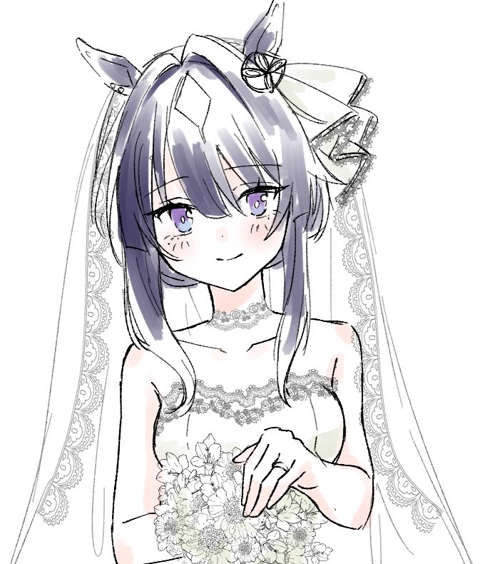 1girl alternate_hairstyle animal_ears blue_hair blush breasts bridal_veil commentary dark_blue_hair dress flower hair_between_eyes hair_ornament horse_ears horse_girl jewelry medium_breasts nakichi_n purple_eyes ring smile solo umamusume veil verxina_(umamusume) wedding_dress wedding_ring white_background