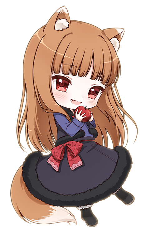 1girl :d animal_ear_fluff animal_ears apple black_skirt blue_shirt blunt_bangs blush bow bright_pupils brown_hair chibi colored_eyelashes commentary fang food fruit fur-trimmed_sleeves fur_trim gelulu happy holding holding_food holding_fruit holo long_hair long_skirt long_sleeves looking_at_viewer open_mouth red_apple red_bow red_eyes shirt simple_background skirt smile solo spice_and_wolf standing straight_hair tail white_background wolf_ears wolf_girl wolf_tail