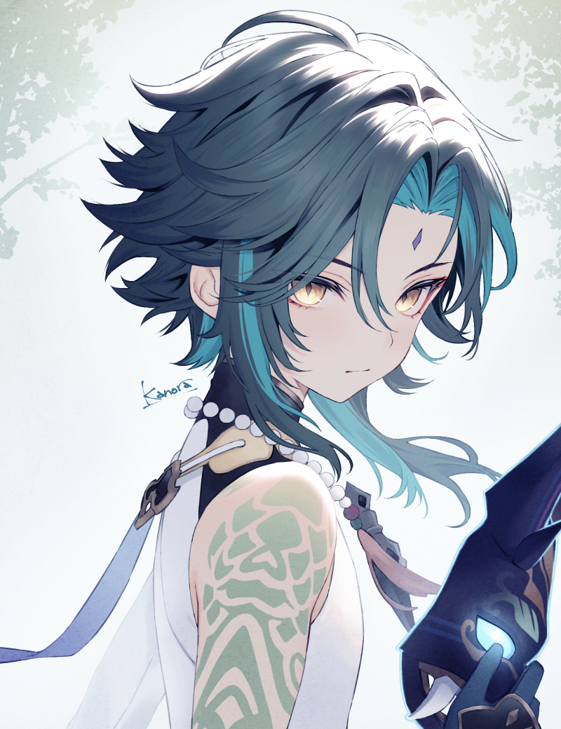 1boy arm_tattoo bead_necklace beads black_hair black_mask closed_mouth facial_mark forehead_mark genshin_impact gloves green_hair holding holding_mask jewelry kanora male_focus mask multicolored_hair necklace short_hair tattoo xiao_(genshin_impact) yellow_eyes