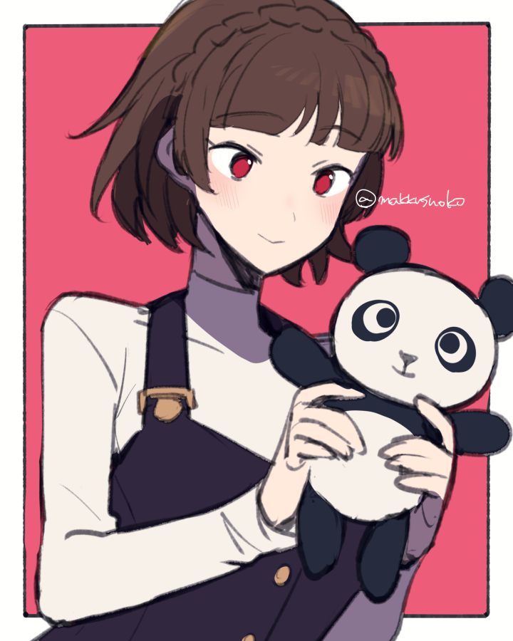 1girl black_vest blush border braid brown_hair closed_mouth commentary_request crown_braid do_m_kaeru long_sleeves niijima_makoto outside_border persona persona_5 red_background red_eyes school_uniform short_hair shuujin_academy_school_uniform simple_background smile solo stuffed_animal stuffed_toy sweater teddy_bear turtleneck turtleneck_sweater twitter_username vest white_border white_sweater