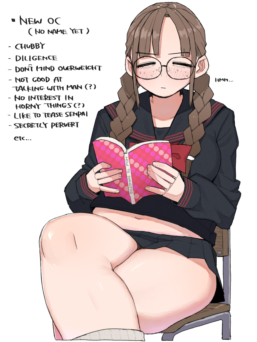 ... 1girl ? black_serafuku blunt_bangs blush book braid breasts brown_hair chair closed_eyes closed_mouth collarbone crossed_legs english_text feet_out_of_frame freckles large_breasts long_hair long_sleeves miniskirt navel ohasi open_book original plump school_uniform serafuku simple_background sitting skirt solo thick_thighs thighs twin_braids white_background