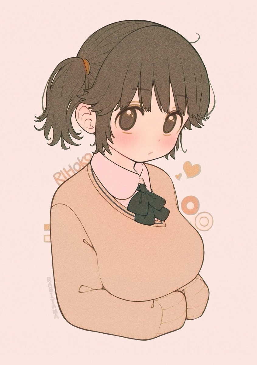 1girl alternate_hairstyle amagami arms_under_breasts artist_name black_bow black_bowtie blouse blush bow bowtie brown_eyes brown_hair brown_sweater character_name circle closed_mouth collared_shirt commentary cropped_torso dot_mouth hair_tie heart highres kibito_high_school_uniform long_sleeves looking_at_viewer looking_back looking_to_the_side loose_hair_strand medium_hair messy_hair own_hands_together paper_texture rabiyamarabi romaji_text sakurai_rihoko school_uniform shirt signature sleeves_past_fingers sleeves_past_wrists solo square sweater upturned_eyes white_shirt