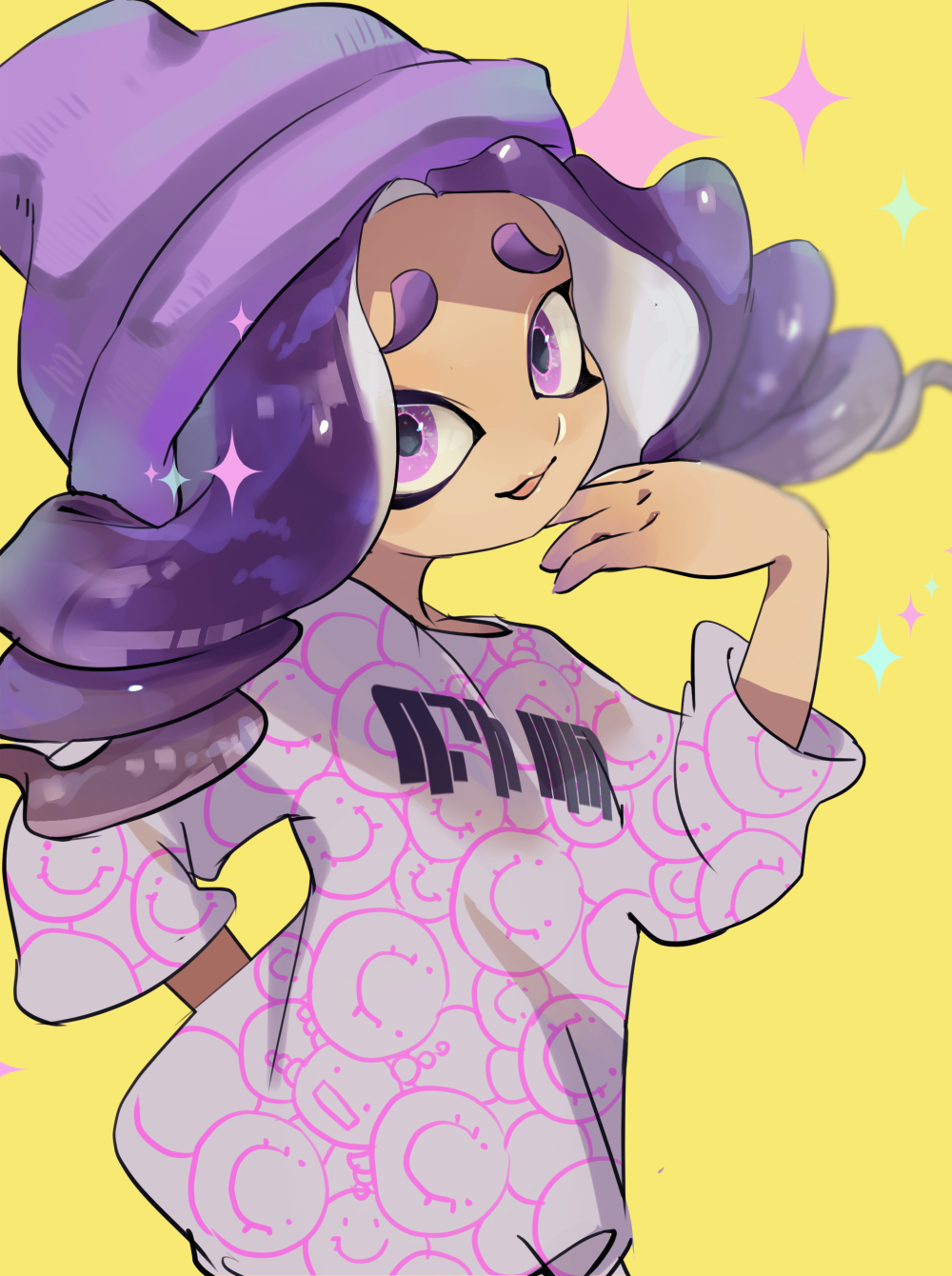 1girl arm_behind_back beanie drill_hair floating_hair furrowed_brow hand_up hat highres koike3582 long_hair long_shirt octoling octoling_girl octoling_player_character open_mouth purple_eyes purple_hair purple_hat shirt simple_background smile solo splatoon_(series) tentacle_hair yellow_background