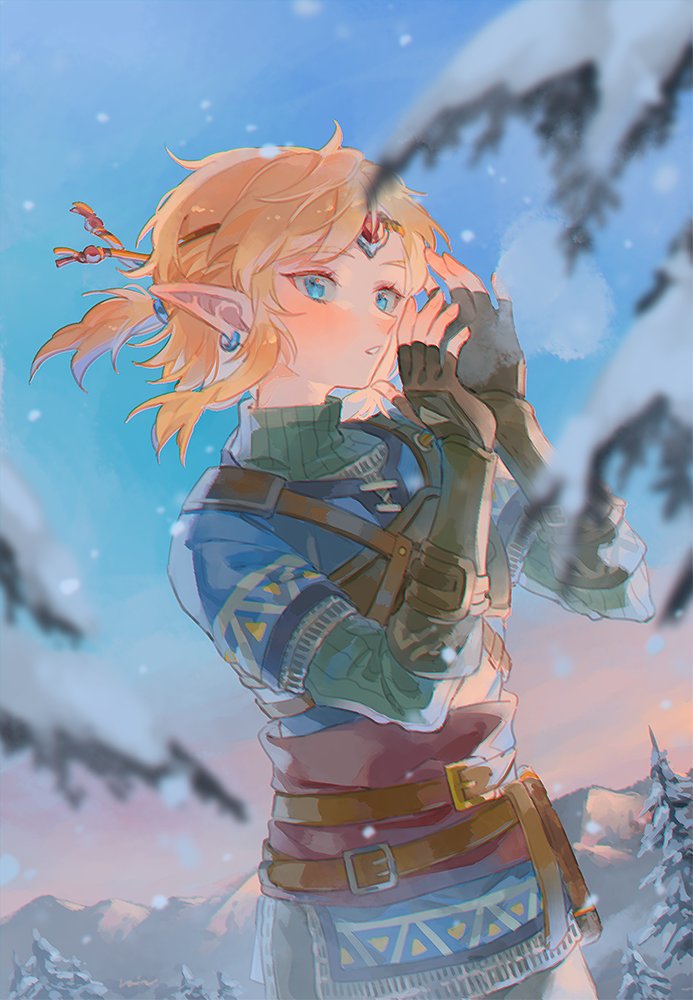 1boy black_gloves blonde_hair blue_eyes blue_tunic blush circlet fingerless_gloves gloves green_sweater hair_tie link male_focus medium_hair outdoors parted_bangs parted_lips pine_tree ponytail rain_rkgk sidelocks snow snowing solo sweater the_legend_of_zelda the_legend_of_zelda:_breath_of_the_wild tree turtleneck turtleneck_sweater upper_body winter