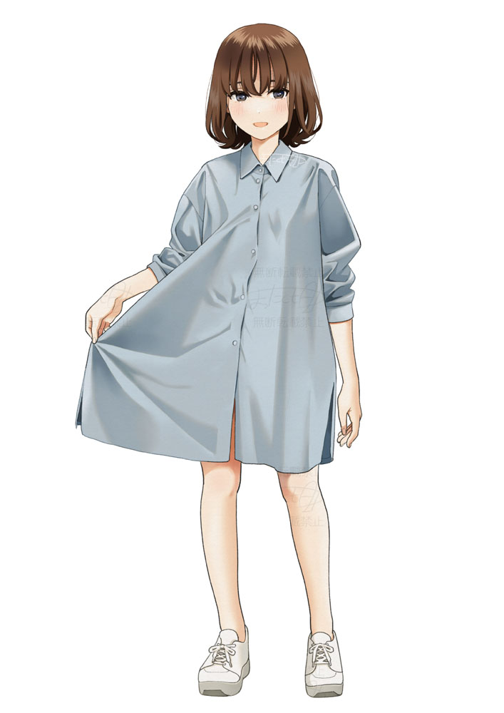 1girl breasts brown_hair buttons collared_shirt full_body grey_shirt looking_at_viewer mattaku_mousuke open_mouth original oversized_clothes oversized_shirt shirt shoes short_hair simple_background sleeves_pushed_up small_breasts solo standing watermark white_background white_footwear