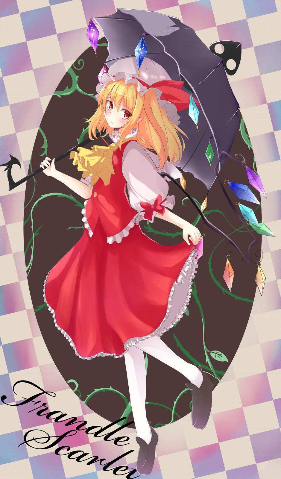 1girl ascot beniyosweet009 black_umbrella blonde_hair bow breasts brown_footwear character_name checkered_background closed_mouth crystal flandre_scarlet from_side full_body hat hat_ribbon head_tilt highres holding holding_umbrella laevatein_(touhou) leaf leaning_back looking_at_viewer medium_hair medium_skirt mob_cap multicolored_wings pantyhose puffy_short_sleeves puffy_sleeves red_bow red_eyes red_ribbon red_skirt red_vest ribbon shirt short_sleeves simple_background skirt skirt_set sleeve_bow sleeve_ribbon small_breasts touhou umbrella vest white_hat white_pantyhose white_shirt wings yellow_ascot