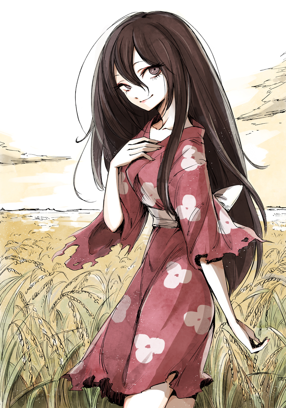 1girl black_hair commentary_request dororo_(tezuka) grey_eyes guest_art highres igarashi_ran_(igatz) japanese_clothes kimono long_hair looking_at_viewer mio_(dororo) outdoors rice_(plant) rice_paddy sky smile solo very_long_hair