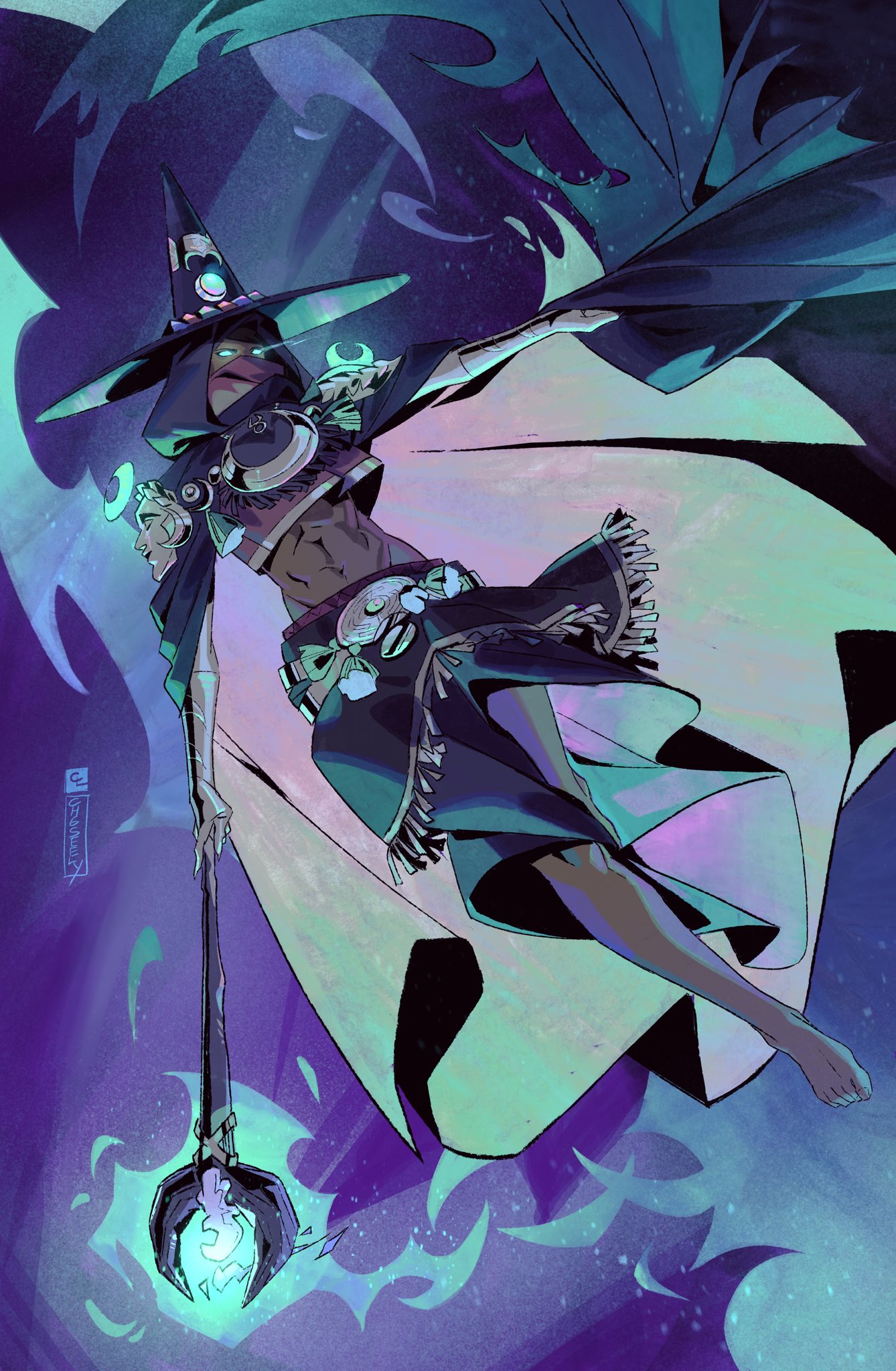 1girl abs armor bare_legs barefoot cape cheseely colored_skin crop_top floating glowing glowing_eyes grey_skin groin hades_(series) hades_2 hat hecate_(hades) highres hood long_skirt mage_staff mask mouth_mask navel shoulder_armor skirt solo stomach witch witch_hat