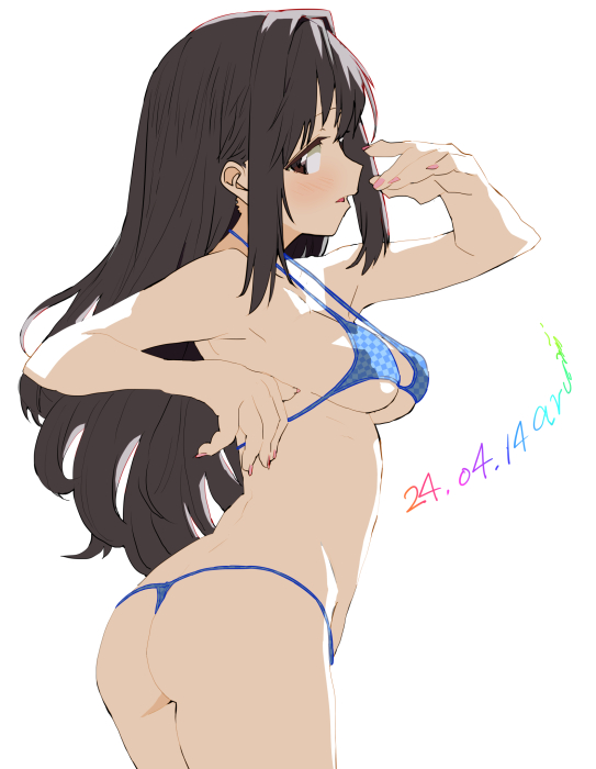 1girl alternate_costume armpits ass baba_arumi bikini blue_bikini blush breasts dated fingernails idolmaster idolmaster_cinderella_girls long_hair looking_at_viewer medium_breasts micro_bikini nail_polish profile shimamura_uzuki sidelocks sideways_glance signature simple_background solo string_bikini swimsuit underboob very_long_hair white_background