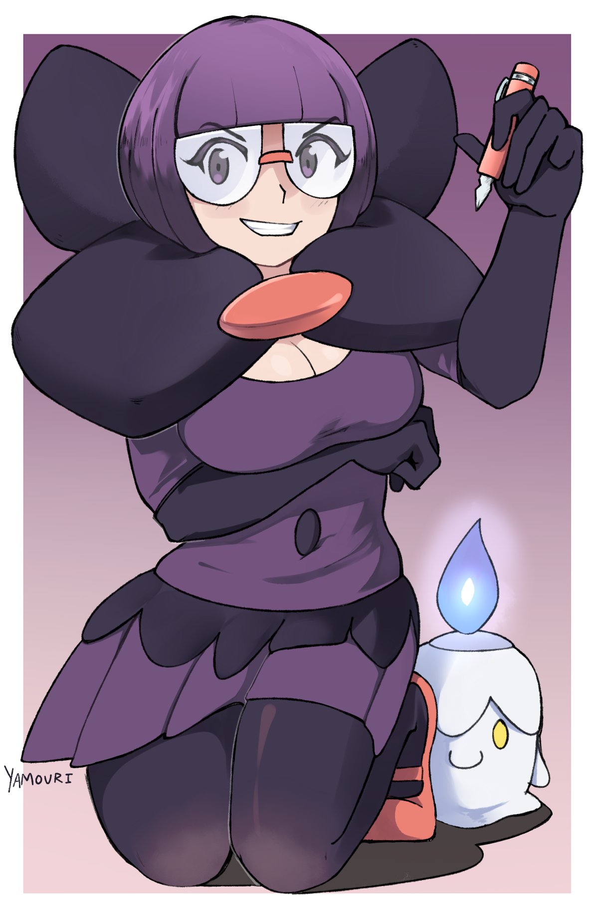 1girl arm_under_breasts blue_fire breasts cleavage dress fire full_body glasses highres holding holding_pen kneeling litwick pen pokemon pokemon_bw purple_dress purple_eyes purple_hair red_footwear shauntal_(pokemon) signature solid_oval_eyes teeth yamouri