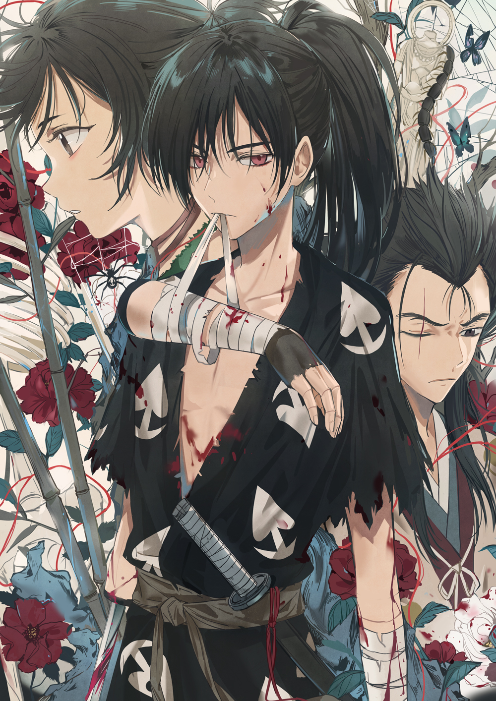 1girl 2boys amputee bandaged_arm bandages black_hair blood blood_on_face blood_stain commentary_request dangmill dororo_(character) dororo_(tezuka) expressionless flower guest_art highres hyakkimaru_(dororo) japanese_clothes long_hair mouth_hold multiple_boys one_eye_closed ponytail prosthesis prosthetic_arm prosthetic_weapon red_eyes red_flower tahoumaru