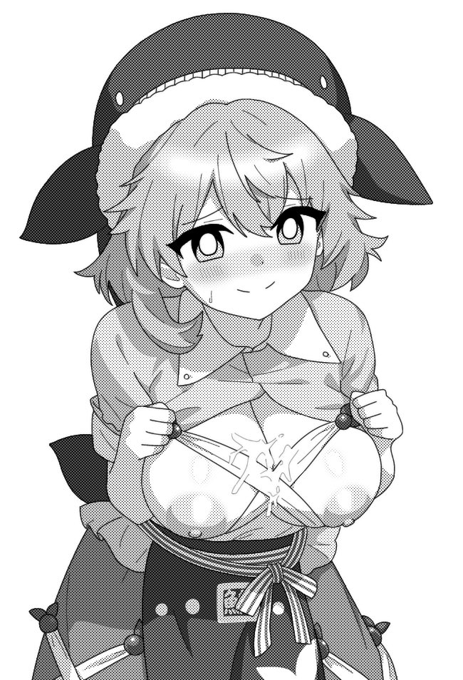 1girl apron blush breasts breasts_out closed_mouth collared_shirt commentary cowboy_shot cum cum_on_body cum_on_breasts greyscale hair_between_eyes hat large_breasts leaning_forward looking_at_viewer medium_bangs medium_hair monochrome nipples okunoda_miyoi onkn_sxkn open_clothes open_shirt shirt short_sleeves simple_background skirt solo touhou waist_apron whale_hat white_background