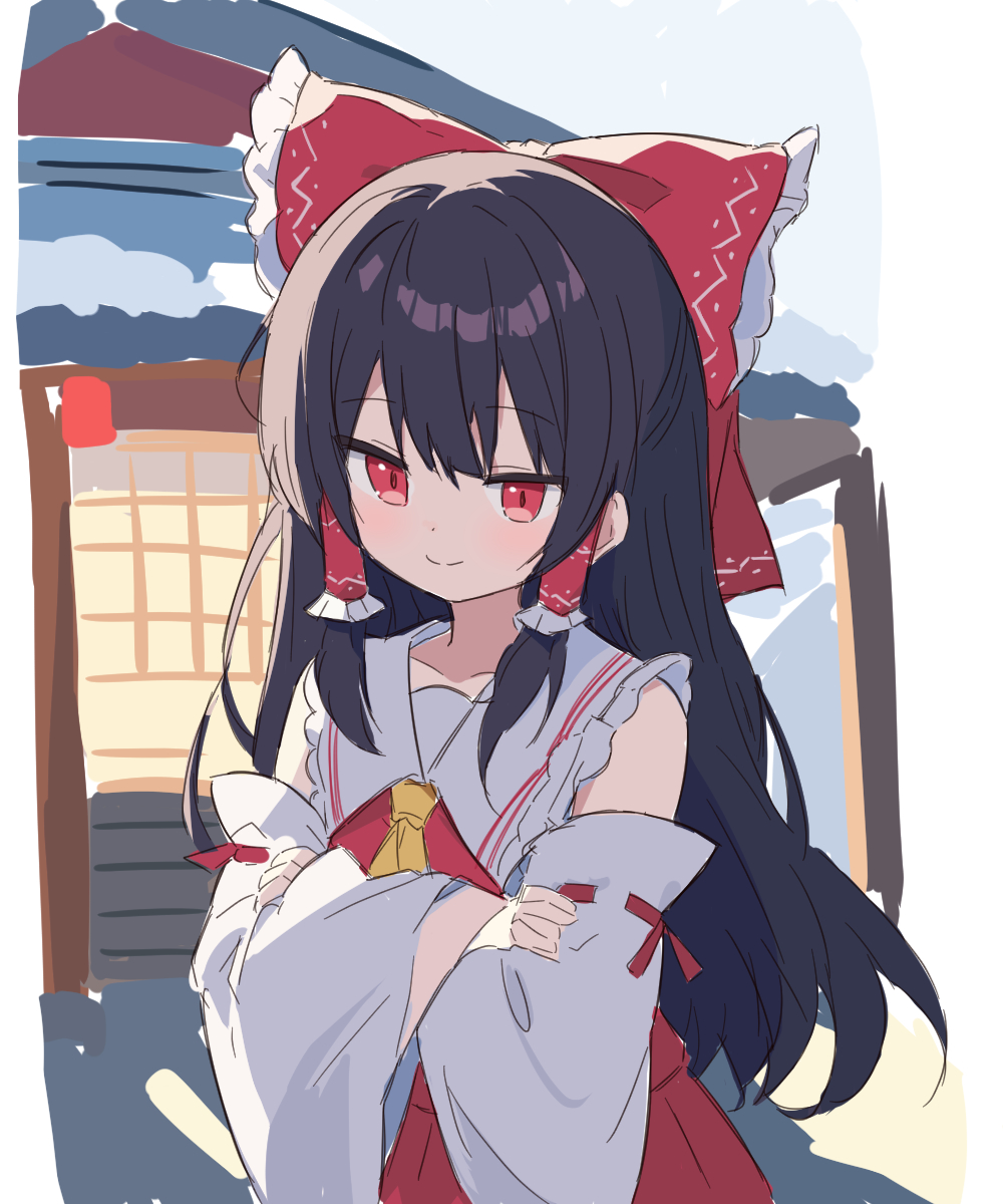 1girl ascot black_hair blush bow closed_mouth commentary_request crossed_arms detached_sleeves frilled_hair_tubes frills hair_bow hair_tubes hakurei_reimu hakurei_shrine happy highres izumiizumi01 long_hair long_sleeves red_bow red_eyes red_shirt red_skirt shirt skirt smile solo touhou very_long_hair white_sleeves wide_sleeves yellow_ascot