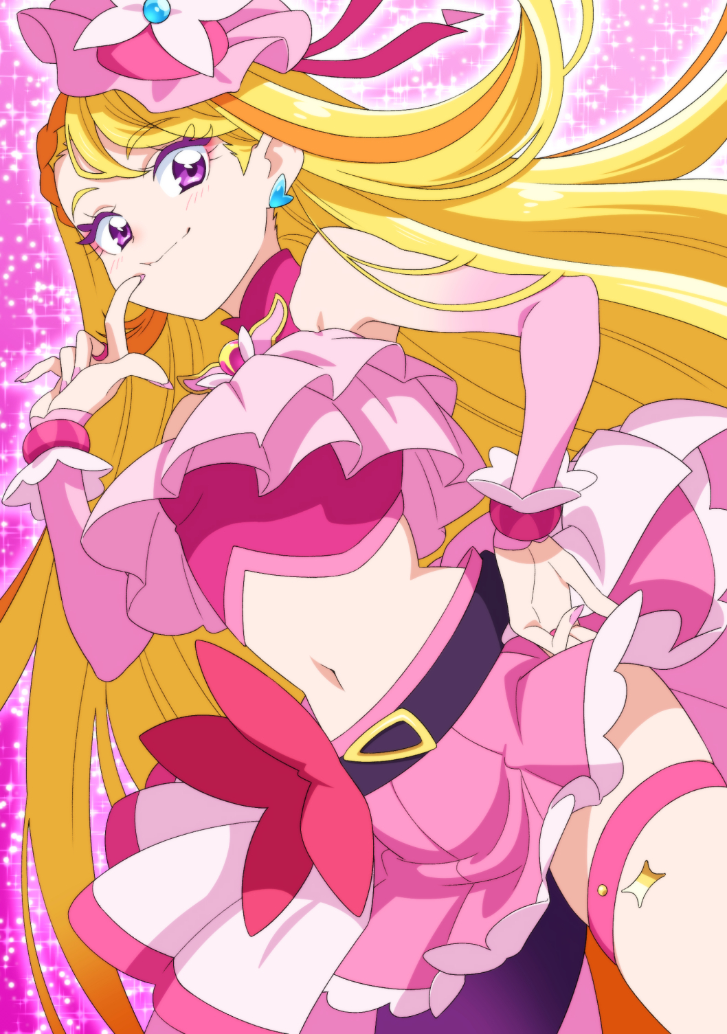 1girl bare_shoulders belt blonde_hair cure_butterfly dokushibuki frilled_skirt frills hair_between_eyes highres hijiri_ageha hirogaru_sky!_precure long_hair looking_at_viewer magical_girl midriff multicolored_hair navel orange_hair pink_background pink_nails pink_skirt precure skirt smile solo striped_hair thigh_strap two-tone_hair