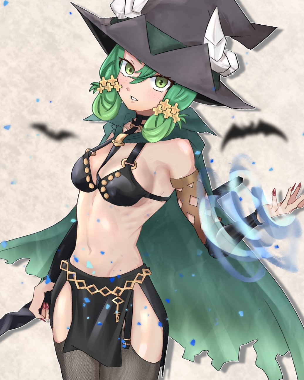 1girl bare_shoulders cloak fake_horns fingernails folded_hair green_cloak green_eyes green_hair hat highres holding holding_staff horned_hat horned_headwear horns long_fingernails o-ring_strap oyecomova08 red_nails sharp_fingernails staff unicorn_overlord witch_hat yahna_(unicorn_overlord)