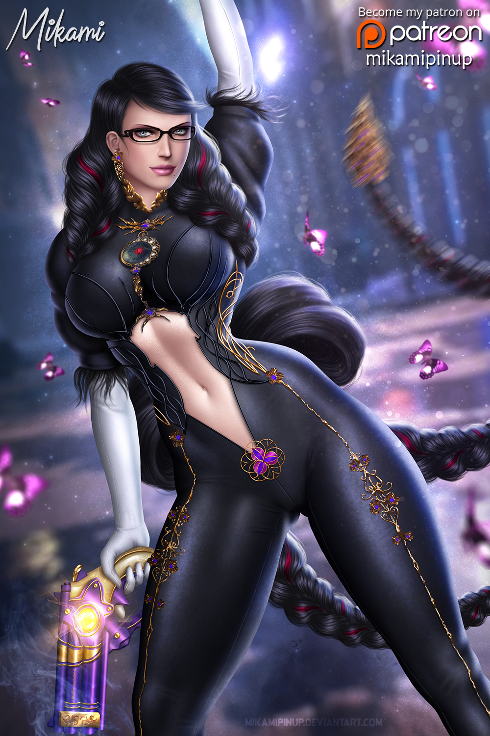 1girl arm_up artist_name ass_visible_through_thighs bayonetta bayonetta_(series) bayonetta_3 black-framed_eyewear black_hair blue_eyes bodysuit braid breasts bug butterfly clothing_cutout earrings elbow_gloves eyeshadow glasses gloves gun highres holding holding_gun holding_weapon jewelry large_breasts lips long_hair looking_at_viewer makeup mikamipinup mole mole_under_mouth motion_blur multicolored_hair navel navel_cutout solo streaked_hair twin_braids two-tone_hair very_long_hair weapon web_address white_gloves
