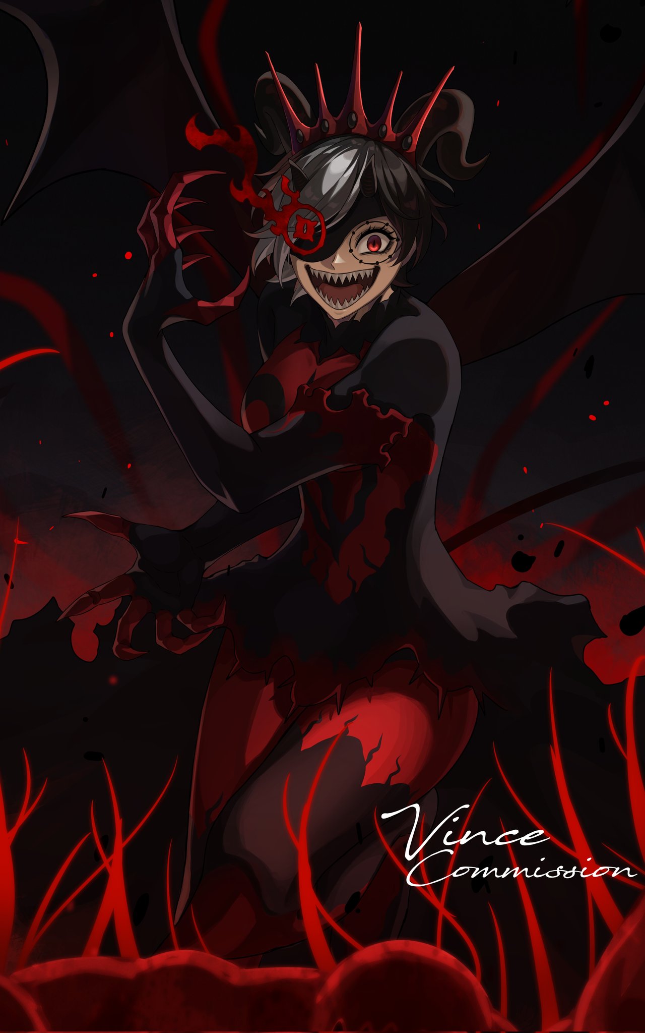 1girl artist_name black_clover black_dress black_hair black_horns commission demon_girl demon_horns dress eyepatch facial_mark grey_hair highres horns looking_at_viewer multicolored_hair open_mouth prayudi555 red_eyes sharp_teeth solo teeth tiara two-tone_hair vanica_zogratis