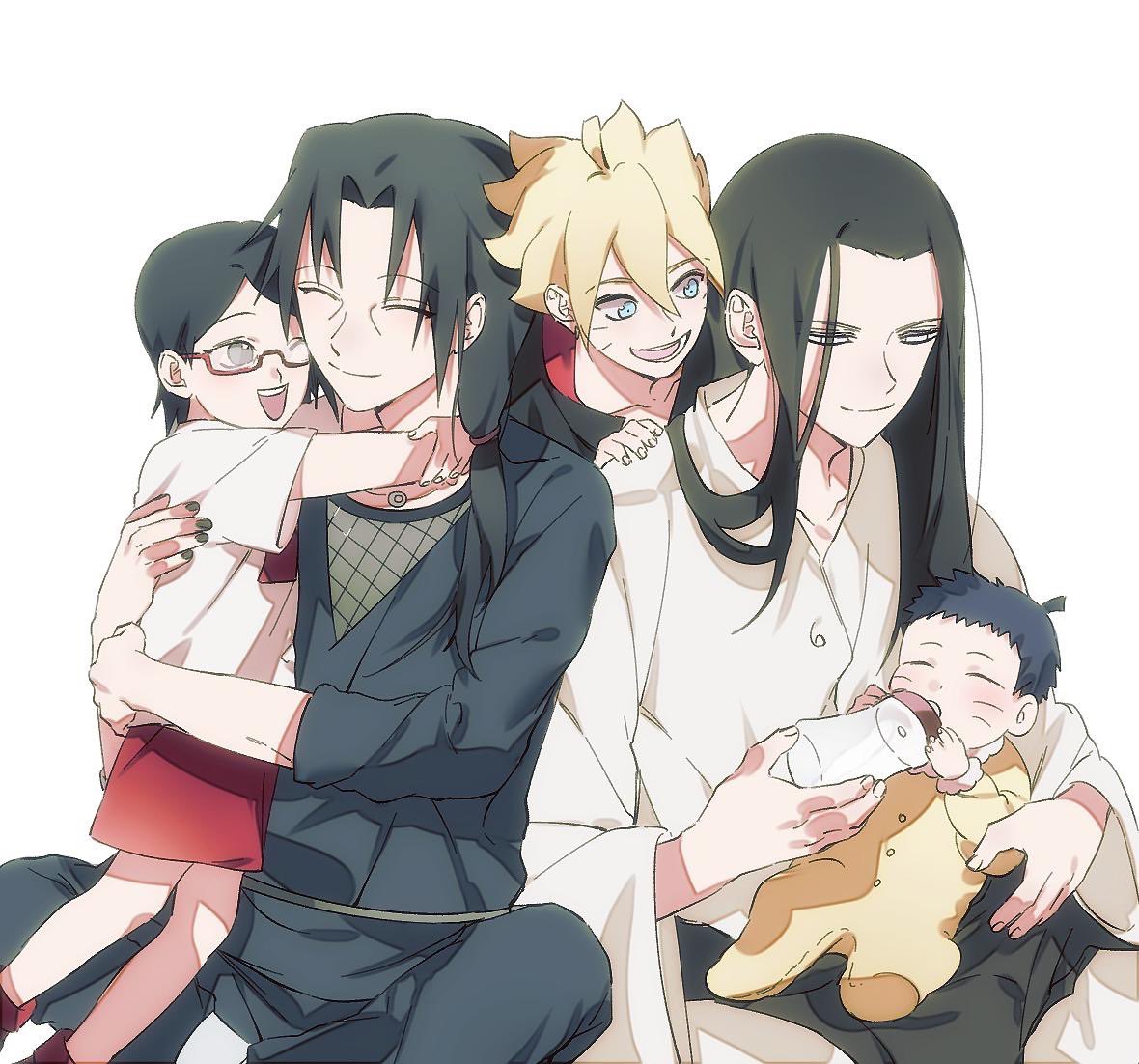 arms_around_neck baby baby_bottle black_hair black_nails black_pants black_shirt blonde_hair blue_eyes boruto:_naruto_next_generations bottle brother_and_sister child closed_eyes closed_mouth drinking facial_mark family fishnet_top fishnets glasses grey_eyes hair_between_eyes hand_on_another's_shoulder holding_baby hyuuga_neji itachi3413 jewelry long_hair long_sleeves nail_polish naruto_(series) necklace one_eye_closed onesie open_mouth pants parted_bangs red_shorts shirt short_hair shorts siblings smile spiked_hair t-shirt topknot uchiha_itachi uchiha_sarada uncle_and_nephew uncle_and_niece upper_body uzumaki_boruto uzumaki_himawari whisker_markings white_background white_eyes white_shirt wide_sleeves