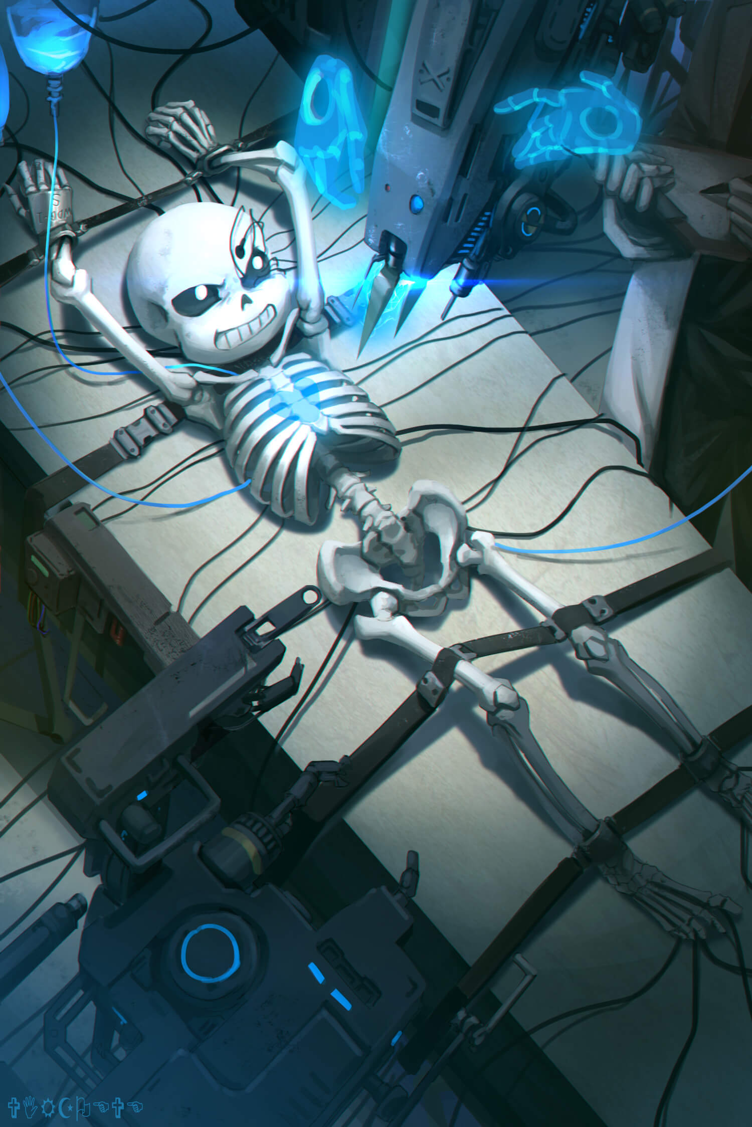 2017 angry angry_expression angry_eyes angry_face animated_skeleton binder_(restraint) bindings bone bound character_cipher detailed digital_media_(artwork) duo experiment_(disambiguation) floating_hands gaster hands_tied hi_res high-angle_view humanoid laboratory lying lying_on_table machine male nude on_back operating_table restraints sans_(undertale) science skeleton solo_focus text torture undead undertale undertale_(series) virzoeve_(artist) watermarked_at_source wingdings_text