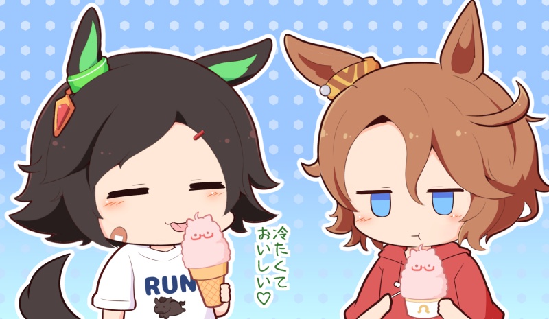 2girls :t animal_ears bandaid bandaid_on_cheek bandaid_on_face biwa_hayahide_(umamusume) black_hair blue_background blue_eyes blush_stickers brown_hair chibi closed_eyes closed_mouth clothes_writing drawstring eating english_text food gomashio_(goma_feet) gradient_background hair_between_eyes hair_ornament hairclip holding holding_food hood hood_down hoodie horse_ears horse_girl horse_print horse_tail ice_cream_cone jitome licking multiple_girls narita_taishin_(umamusume) parted_bangs polka_dot polka_dot_background print_shirt red_hoodie shirt short_sleeves swept_bangs tail tongue tongue_out translation_request umamusume upper_body white_shirt winning_ticket_(umamusume)