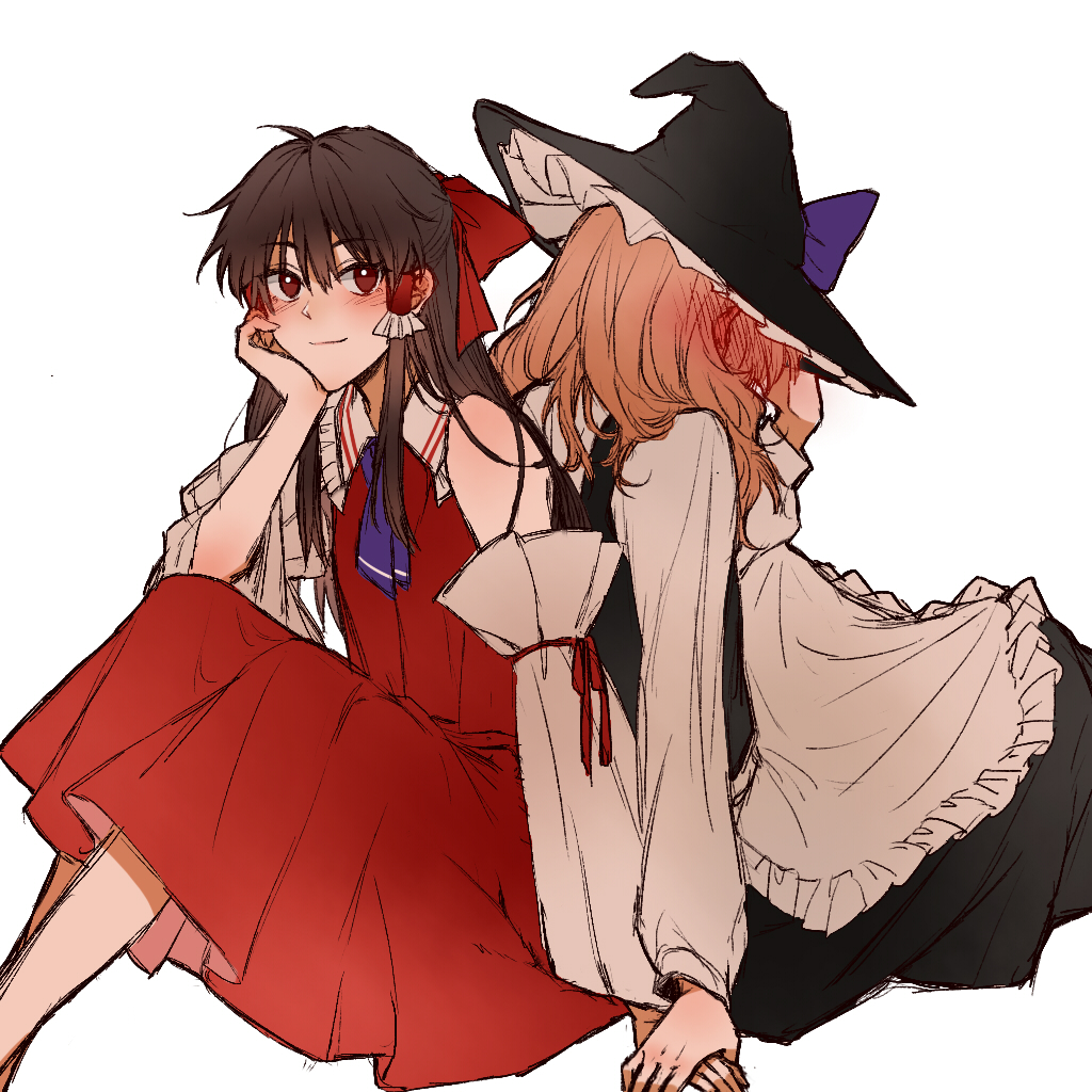 2girls apron ascot blonde_hair blush bow brown_hair closed_mouth commentary detached_sleeves frilled_hair_tubes frills hair_bow hair_tubes hakurei_reimu hand_on_own_cheek hand_on_own_face hat hat_bow hitte5416 holding_hands kirisame_marisa long_hair long_sleeves looking_at_viewer multiple_girls purple_ascot purple_bow red_bow red_eyes red_skirt sitting skirt skirt_set smile touhou waist_apron witch_hat yuri