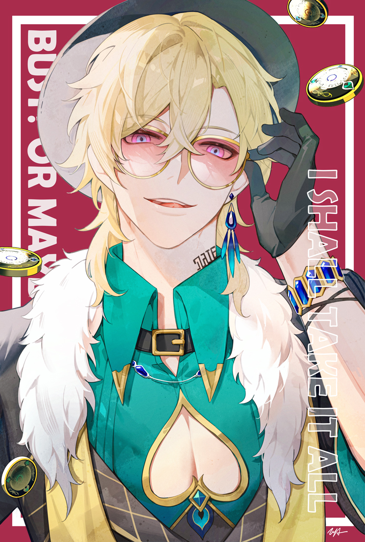 1boy aqua_shirt aventurine_(honkai:_star_rail) black_gloves black_hat blonde_hair bracelet collared_shirt earrings english_text fur_trim gloves hair_between_eyes honkai:_star_rail honkai_(series) jewelry looking_at_viewer male_focus multicolored_eyes open_mouth shirt short_hair solo teeth tinted_eyewear tooaya two-tone_eyes upper_teeth_only