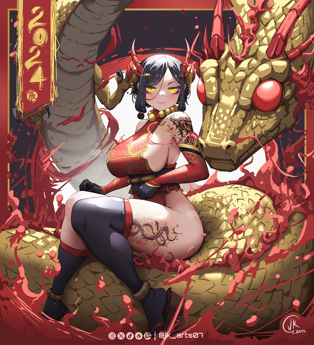 1girl 2024 arm_tattoo artist_logo asymmetrical_legwear black_gloves black_hair black_thighhighs breasts bun_cover china_dress chinese_clothes chinese_zodiac closed_mouth detached_sleeves dragon dragon_horns dragon_print dragon_tattoo dress gloves gold_trim hair_between_eyes hair_ornament horns jk_arts large_breasts leg_tattoo okobo original red_dress red_horns red_sleeves sandals sideboob tattoo thighhighs twitter_username year_of_the_dragon yellow_eyes