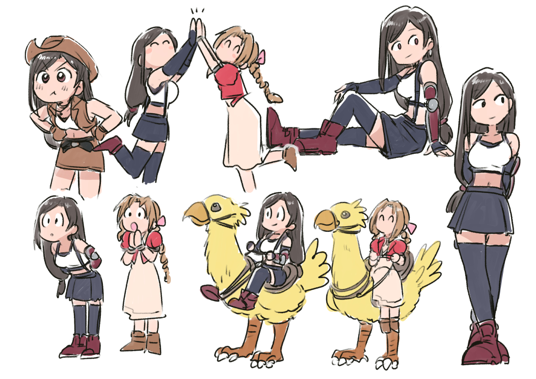 2girls arms_behind_back bangle bare_shoulders bird black_bra black_hair black_thighhighs blush boots bra bracelet braid braided_ponytail breasts brown_eyes brown_footwear brown_gloves brown_hair brown_skirt brown_vest chibi chocobo closed_eyes cowboy_hat crop_top cropped_jacket cropped_vest dress elbow_gloves final_fantasy final_fantasy_vii final_fantasy_vii_rebirth final_fantasy_vii_remake fingerless_gloves furrowed_brow gloves hair_ribbon hand_on_own_knee hands_on_own_hips hat high_five holding holding_reins jacket jewelry leaning_forward leather_skirt leather_vest long_dress long_hair looking_to_the_side low-tied_long_hair medium_breasts midriff minion_2_(zannen_onna-kanbu_black_general-san) multiple_girls official_alternate_costume open_mouth own_hands_together parted_bangs pink_dress pink_ribbon puffy_short_sleeves puffy_sleeves red_jacket reins ribbon riding riding_bird shirt short_sleeves single_braid sitting skirt sports_bra standing standing_on_one_leg suspenders swept_bangs thighhighs tifa_lockhart tifa_lockhart_(cowgirl) tsubobot underwear vest white_background white_shirt