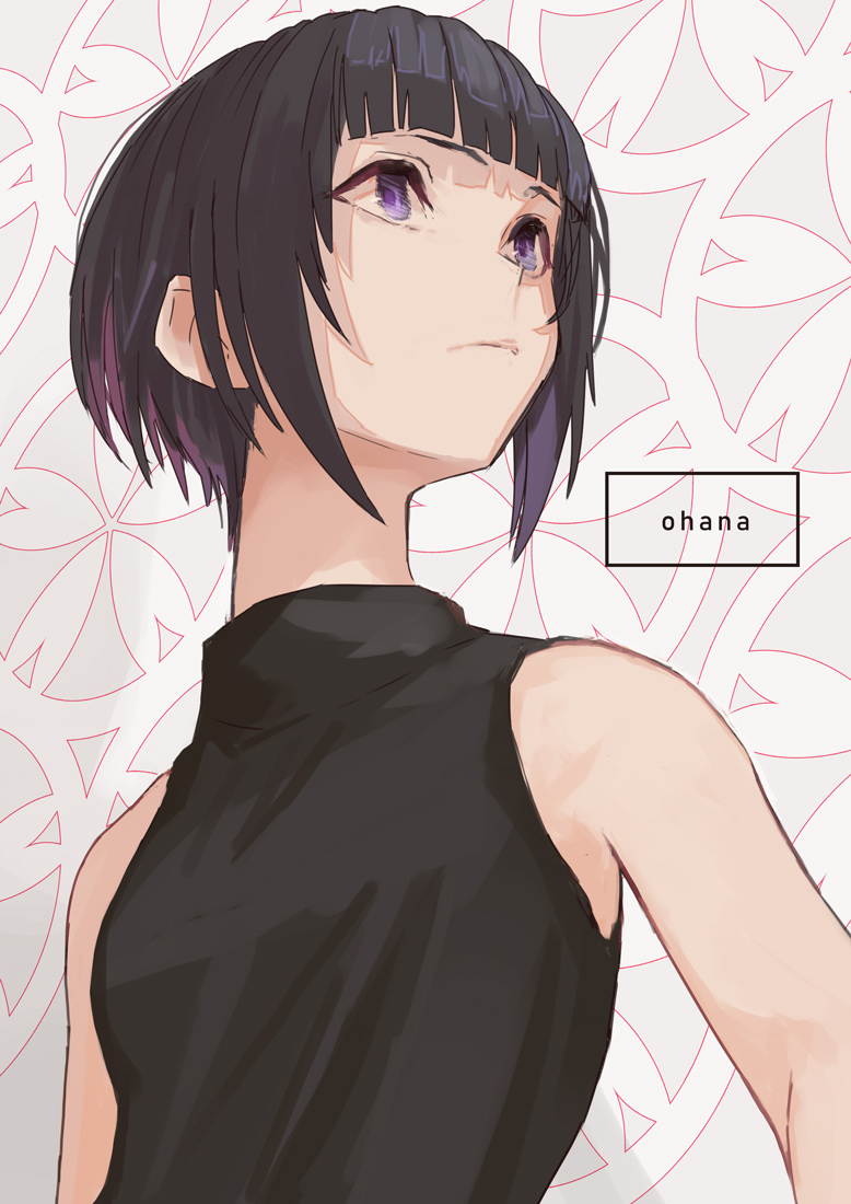 1girl bare_shoulders black_hair black_shirt blunt_bangs bob_cut closed_mouth flat_chest floral_background grey_background idolmaster idolmaster_cinderella_girls idolmaster_cinderella_girls_starlight_stage looking_at_another purple_eyes sawarakajin shirayuki_chiyo shirt short_hair sleeveless sleeveless_shirt solo turtleneck upper_body