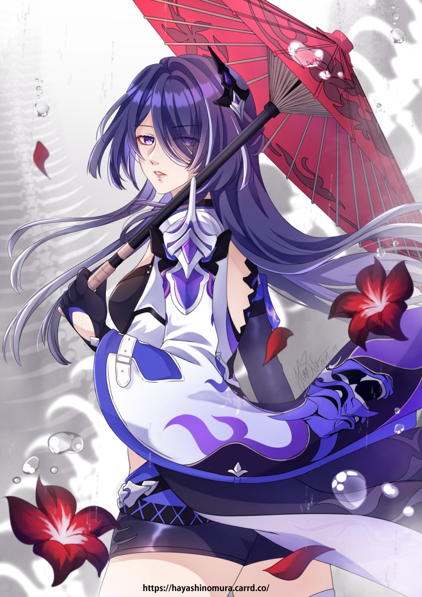 acheron_(honkai:_star_rail) armor artist_name back black_choker black_shorts breasts choker coat eyes_visible_through_hair flower hair_ornament hair_over_one_eye hayashinomura highres holding holding_umbrella honkai:_star_rail honkai_(series) long_hair long_sleeves looking_at_viewer multicolored_hair oil-paper_umbrella parted_lips purple_eyes purple_hair rain red_flower red_lips red_umbrella shorts shoulder_armor streaked_hair thighs umbrella very_long_hair water_drop web_address white_coat