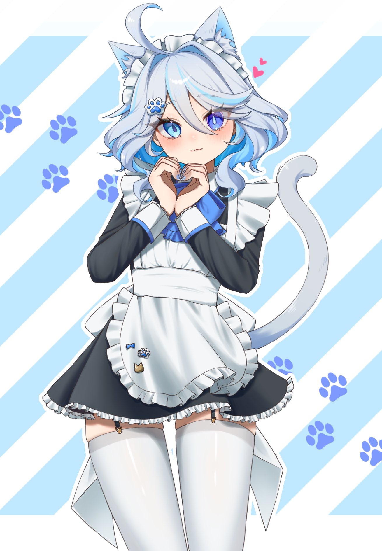 1girl :3 alternate_costume animal_ears apron ascot black_dress blue_ascot blue_eyes blue_hair blue_nails blush cat_ears cat_tail colored_inner_hair cowboy_shot cowlick dress drop-shaped_pupils enmaided frilled_apron frills furina_(genshin_impact) genshin_impact grey_hair hands_up heart heart_hands heterochromia highres letterboxed light_blue_hair looking_at_viewer maid maid_apron maid_headdress multicolored_hair nail_polish nanase_(zbgzke1jtztpedq) outline paw_hair_ornament paw_print paw_print_background short_hair solo striped_background symbol-shaped_pupils tail wavy_hair white_apron white_outline