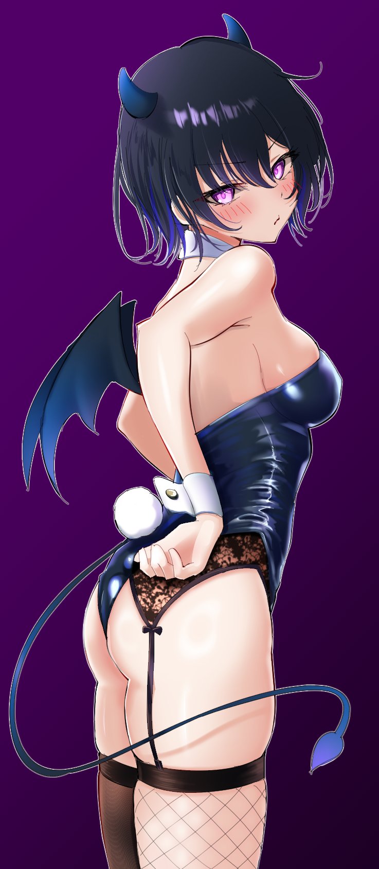 1girl adjusting_clothes adjusting_leotard ass asymmetrical_legwear bare_shoulders black_hair blue_hair blue_leotard blush breasts brown_thighhighs demon_girl demon_horns demon_tail demon_wings detached_collar fake_tail fishnet_thighhighs fishnets from_side frown garter_belt gradient_background gradient_hair highleg highleg_leotard highres horns ichinose_uruha leotard looking_at_viewer looking_back medium_breasts mismatched_legwear multicolored_hair playboy_bunny prsdubstep purple_background purple_eyes rabbit_tail short_hair skindentation solo strapless strapless_leotard tail thighhighs thighs v-shaped_eyebrows virtual_youtuber vspo! wings wrist_cuffs