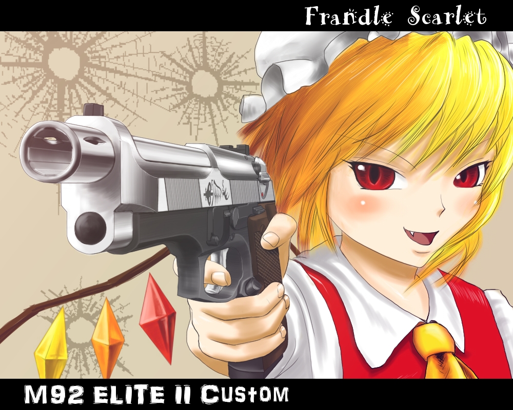 1girl ascot blonde_hair brown_background character_name collared_shirt crystal english_text fang flandre_scarlet gun hat looking_at_viewer medium_hair mob_cap multicolored_wings open_mouth pointing_gun red_eyes red_vest shirt simple_background solo taikyokuturugi touhou type_92_(handgun) v-shaped_eyebrows vest weapon white_hat white_shirt wings yellow_ascot