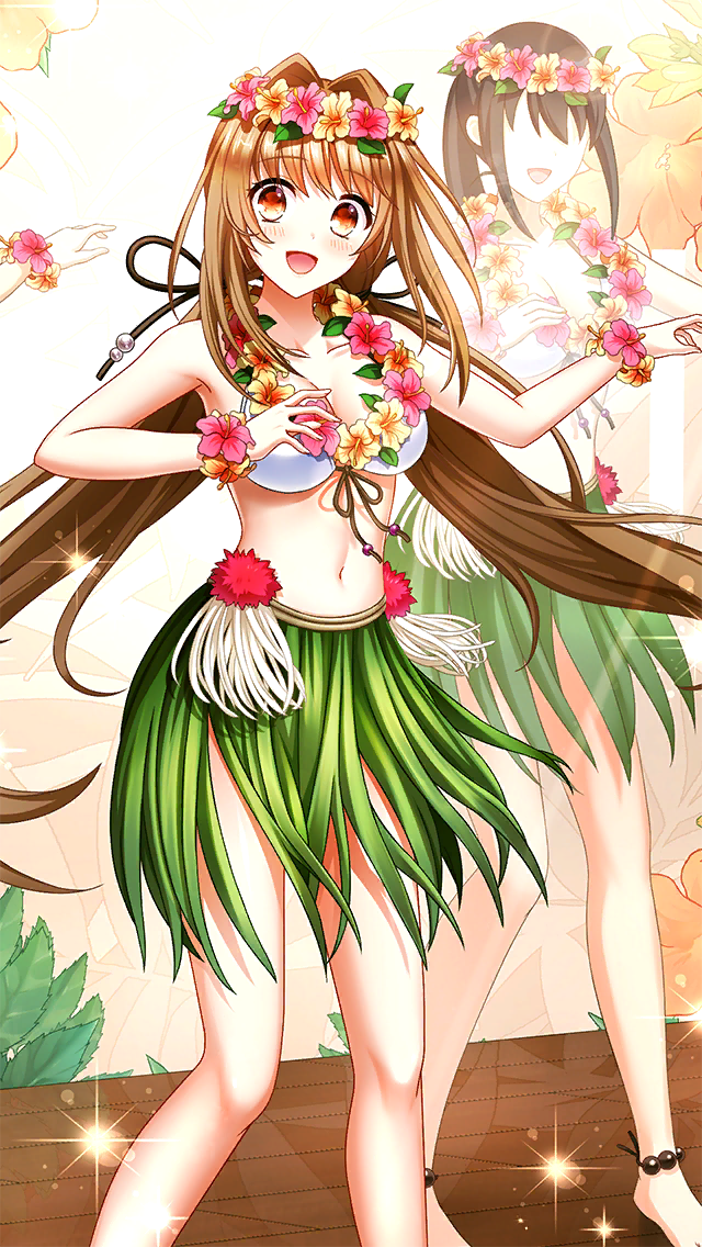 1girl :d anklet bare_arms bare_legs bikini bikini_top_only black_ribbon blush brown_eyes brown_hair dancing doukyuusei_another_world floating_hair flower front-tie_bikini_top front-tie_top game_cg green_skirt hair_flower hair_intakes hair_ornament head_wreath hibiscus jewelry kakyuusei_2 leaf_skirt long_hair looking_at_viewer miniskirt official_art pink_flower ribbon saimon_tamaki skirt smile solo_focus swimsuit very_long_hair white_bikini yellow_flower