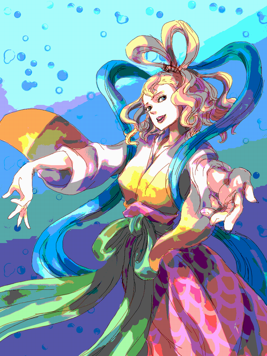 1girl blonde_hair blue_eyes bubble cowboy_shot english_commentary hagoromo hair_ornament japanese_clothes kimono looking_at_viewer nadamon obi one_piece otohime_(one_piece) outstretched_arms pink_lips ponytail reaching reaching_towards_viewer sash shawl smile solo wide_sleeves