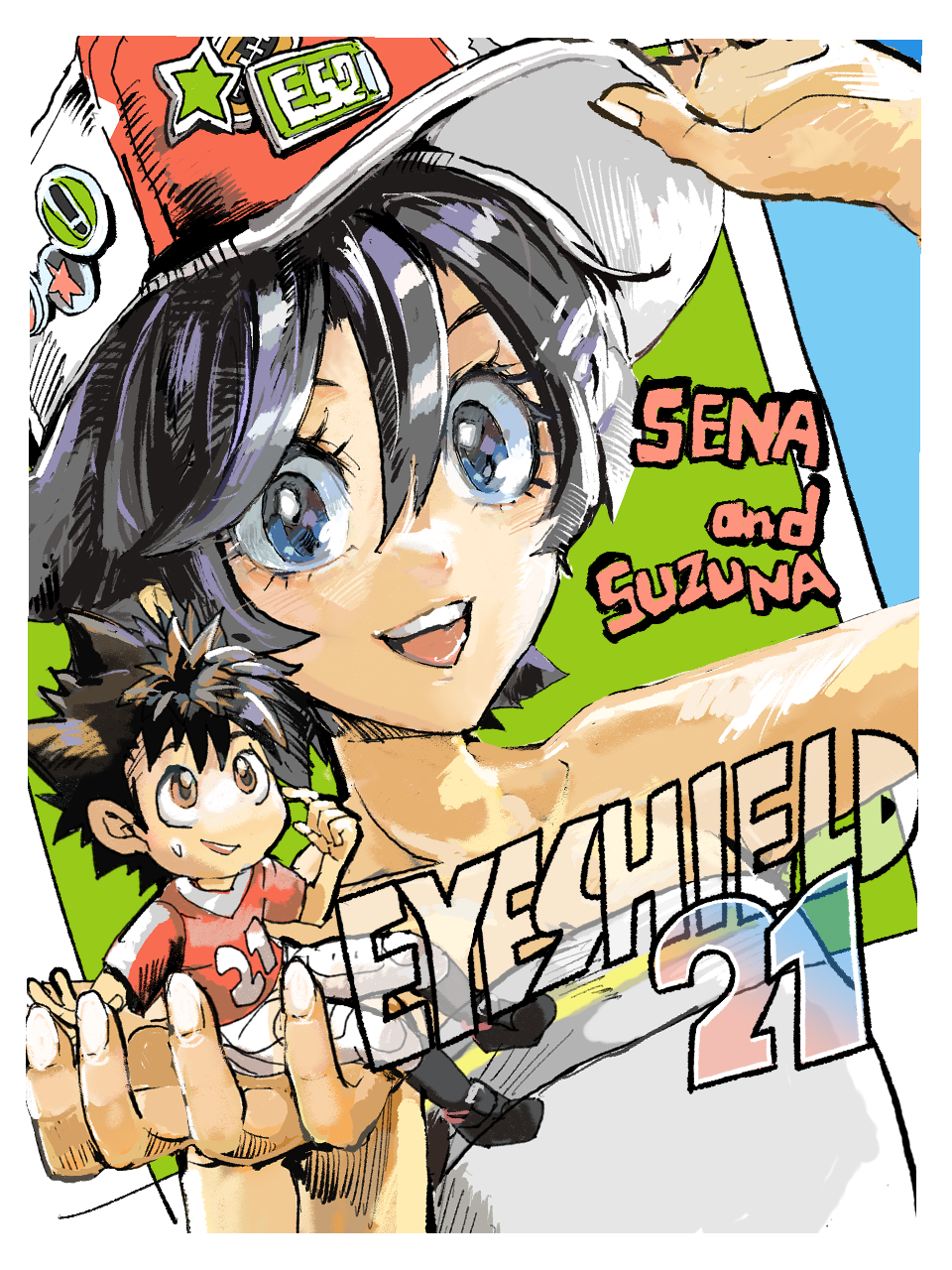 1boy 1girl :d adjusting_clothes adjusting_headwear arm_up bare_shoulders baseball_cap black_hair blue_eyes character_name chibi collarbone copyright_name dutch_angle eyeshield_21 gambol_shroud hat highres kobayakawa_sena person_on_hand pointy_hair round_teeth scratching_cheek shirt small_sweatdrop smile sportswear strapless strapless_shirt taki_suzuna teeth ueda-pix