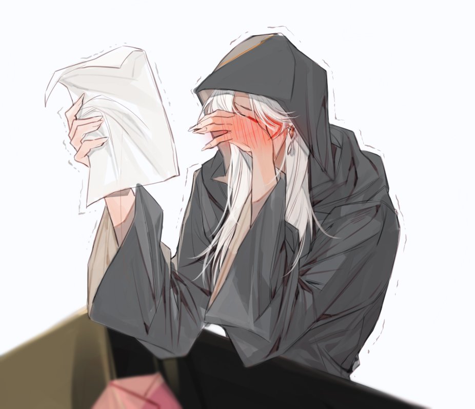 blush_visible_through_hands cloak earrings embarrassed emet-selch final_fantasy final_fantasy_xiv holding holding_letter hood hood_up hooded_cloak jewelry letter long_hair sitting tladpwl03 trembling white_hair