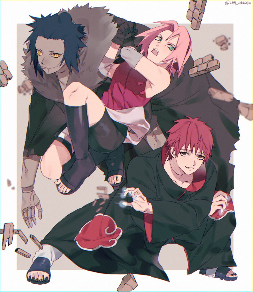 1girl 2boys akatsuki_uniform bare_shoulders battle bike_shorts black_footwear black_gloves black_hair black_robe black_shorts border breasts brick clenched_hand elbow_sleeve fur-trimmed_robe fur_trim furrowed_brow gloves green_eyes grey_background haruno_sakura headband holster itachi3413 medium_breasts multiple_boys nail_polish naruto_(series) open_mouth parted_bangs parted_lips pink_hair puppet red_hair red_headband red_shirt robe sandals sasori_(naruto) shirt short_hair shorts smile tan thigh_holster toeless_footwear toenail_polish toenails twitter_username white_border yellow_eyes