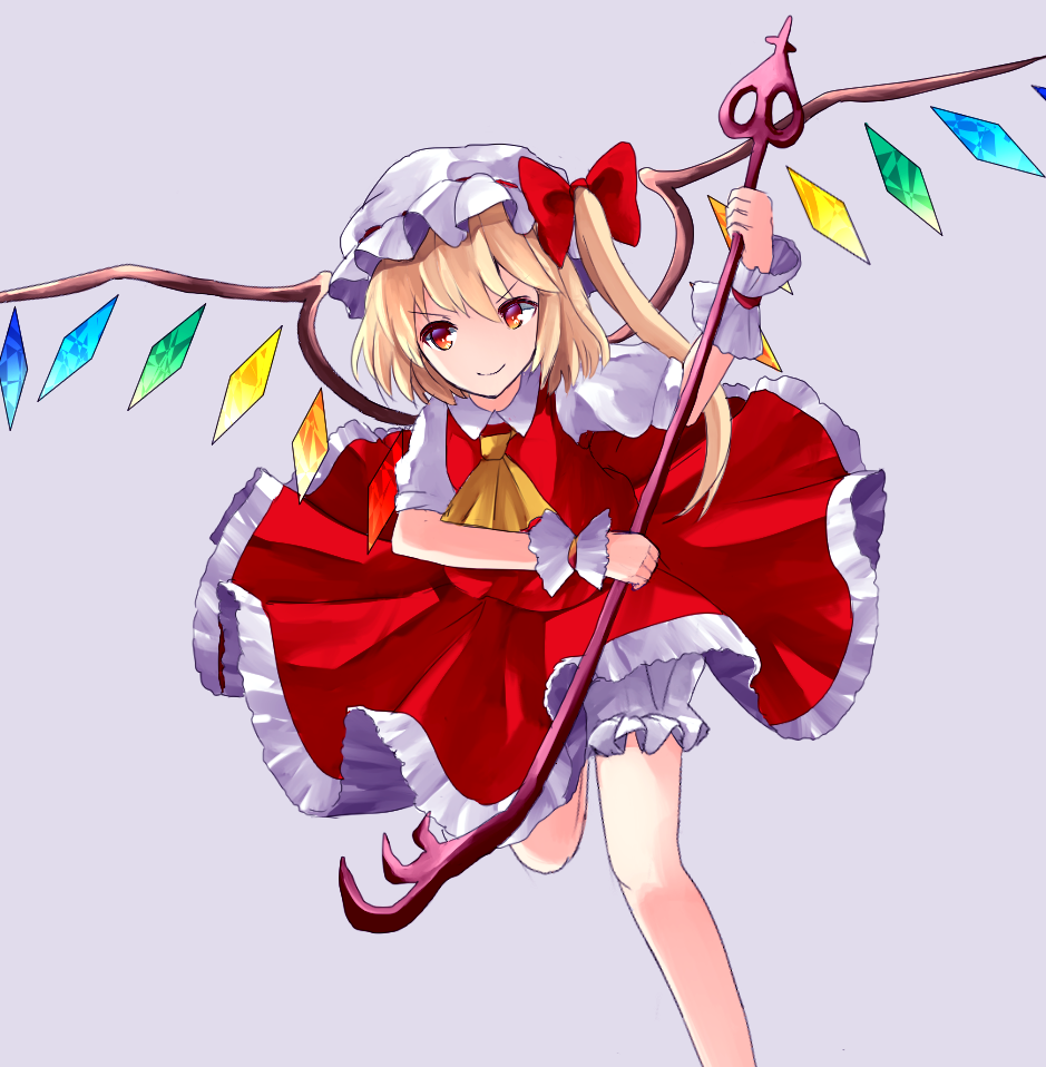 1girl ascot bloomers bow flandre_scarlet foot_out_of_frame grey_background hat hat_bow hat_ribbon holding holding_polearm holding_weapon laevatein_(touhou) leaning_forward looking_at_viewer mob_cap multicolored_wings polearm puffy_short_sleeves puffy_sleeves red_bow red_ribbon red_skirt red_vest ribbon ribbon-trimmed_headwear ribbon_trim sakizaki_saki-p shirt short_sleeves simple_background skirt skirt_set solo touhou vest weapon white_bloomers white_hat white_shirt wings yellow_ascot