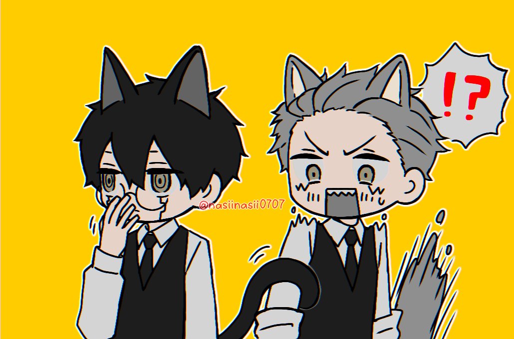 !? 2boys animal_ears black_hair cat_ears cat_tail character_request collared_shirt facial_mark glasses long_sleeves mashle multiple_boys nasiinasii0707 necktie open_mouth orter_madl round_eyewear sharp_teeth shirt short_hair tail teeth upper_body v-shaped_eyebrows vest white_shirt