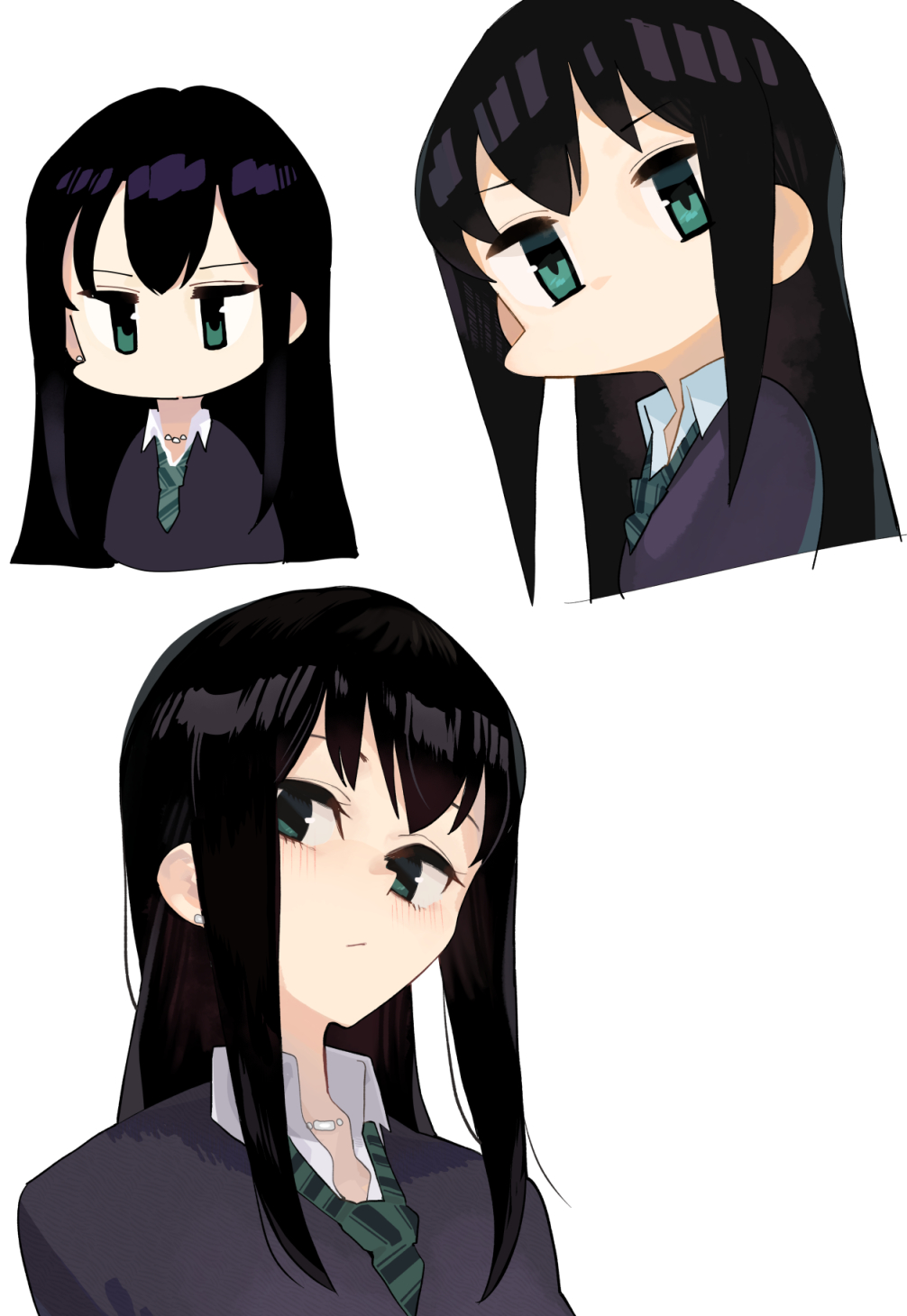 1girl black_cardigan black_hair blush cardigan cropped_torso deformed green_eyes green_necktie highres idolmaster idolmaster_cinderella_girls looking_at_viewer multiple_views necktie niku-name school_uniform shibuya_rin sidelocks simple_background straight_hair upper_body white_background