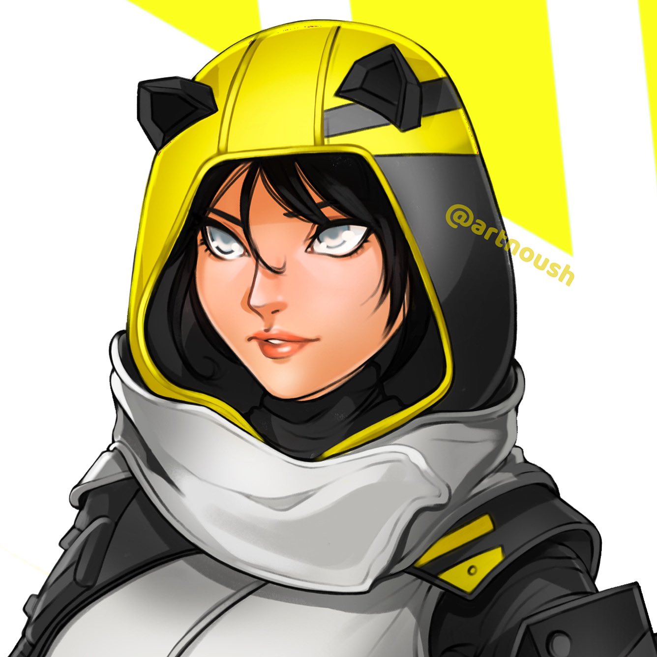 1girl animal_hood apex_legends black_hair cat_hood grey_jacket grey_scarf hair_between_eyes highres hood hood_up jacket looking_up noush official_alternate_costume parted_lips portrait scarf solo twitter_username void_prowler_wraith wraith_(apex_legends)