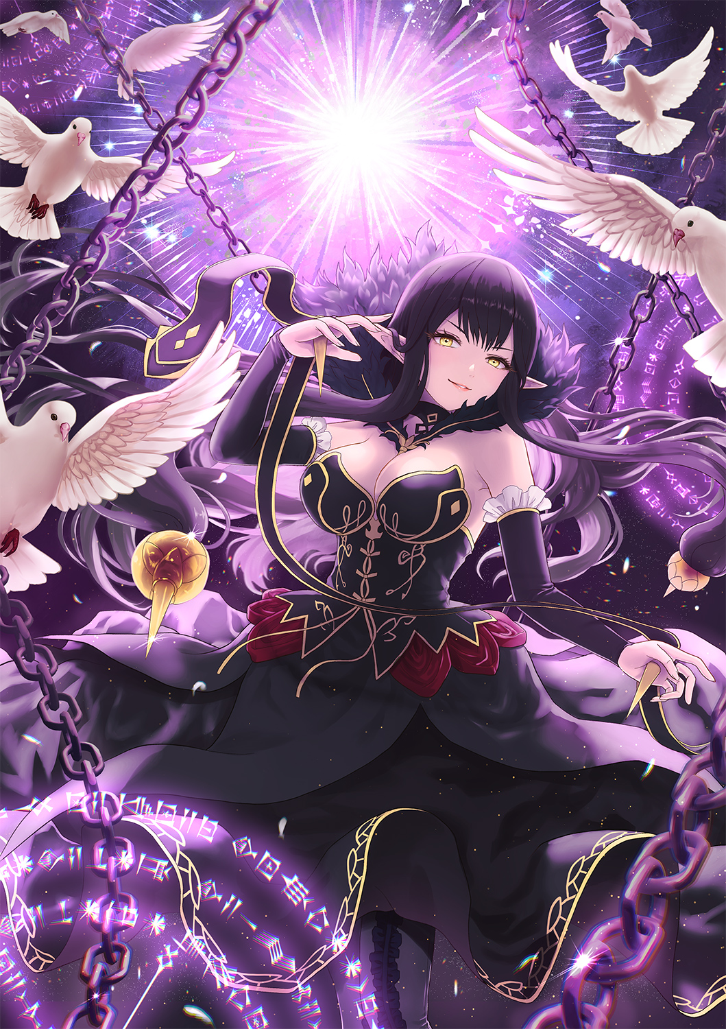 1girl alha bare_shoulders bird black_dress black_hair breasts bridal_gauntlets chain cleavage detached_sleeves dove dress fate/apocrypha fate_(series) fur_trim gold_trim highres large_breasts long_hair looking_at_viewer magic_circle pointy_ears semiramis_(fate) sidelocks slit_pupils smile solo spikes very_long_hair yellow_eyes