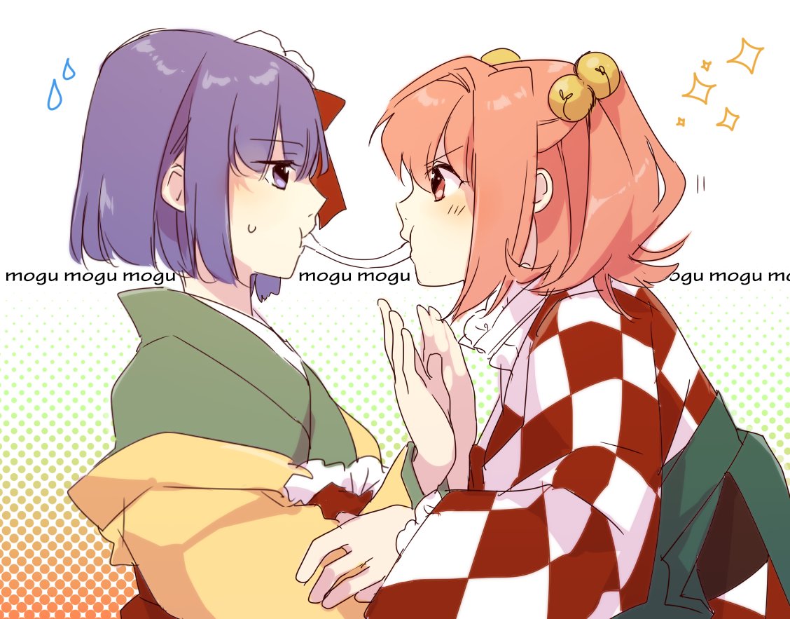 2girls bell commentary_request flower food green_kimono green_skirt hair_between_eyes hair_flower hair_ornament hieda_no_akyuu japanese_clothes jingle_bell kimono koma_midori long_sleeves mochi motoori_kosuzu multiple_girls orange_eyes orange_hair purple_eyes purple_hair red_kimono red_skirt simple_background skirt sparkle sweatdrop touhou two_side_up upper_body white_background white_kimono wide_sleeves yellow_kimono yuri